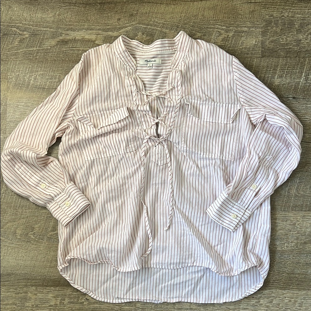 Madewell Terrace Lace Up Vera Stripe Pattern 100% Cotton Long Sleeve Top Size S